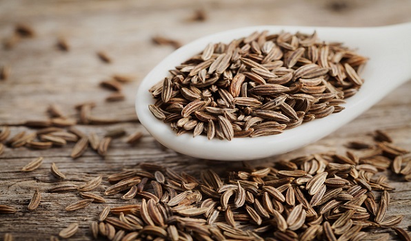 Cumin seeds or caraway in white spoon on wooden board